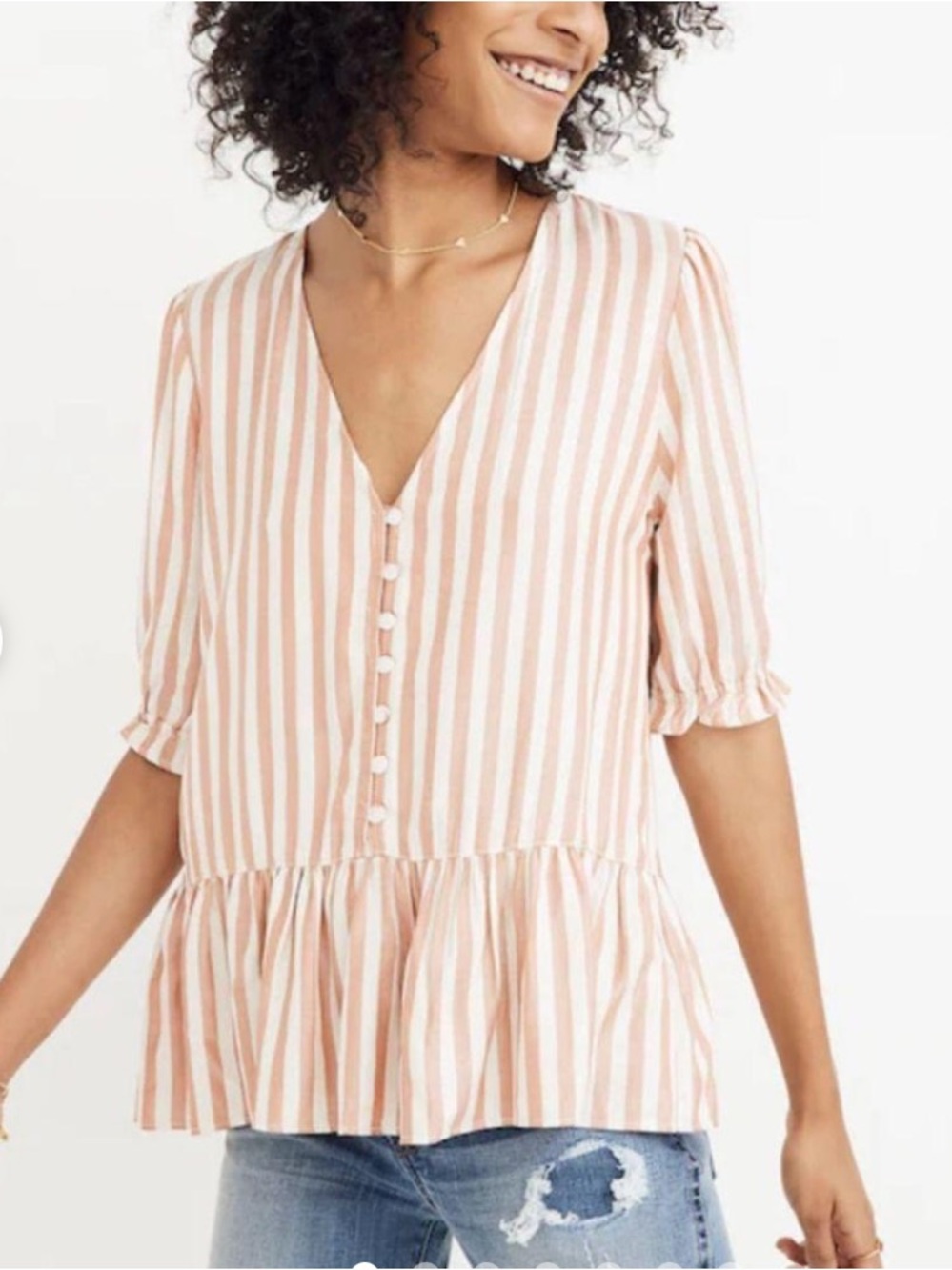 Madewell Peach and White Stripe Button Front Top Sz Lg